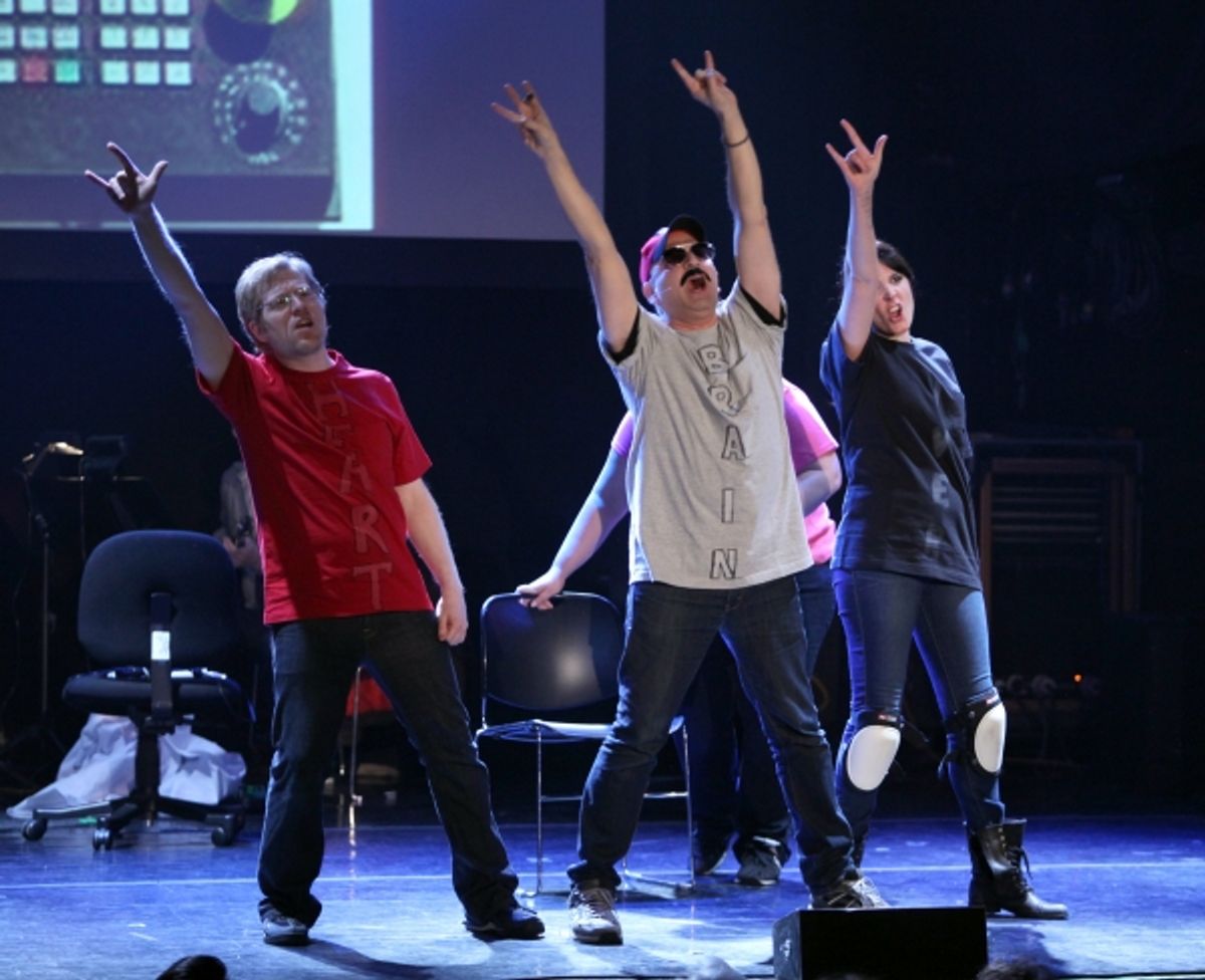 Anthony Rapp, Ashlie Atkinson, Julian Fleisher, Dee Roscioli Performing in 'The World Is Ending' at The 24 Hour Musicals after performance party at the Gramercy Theatre in New York City. at 
