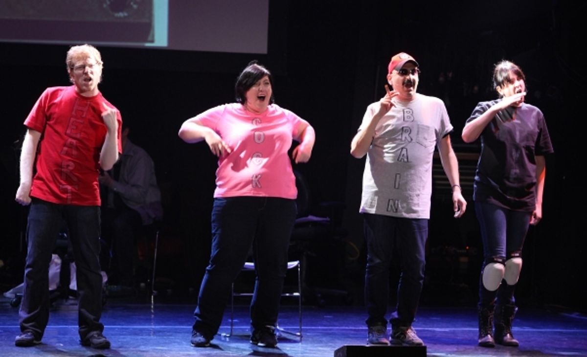 Anthony Rapp, Ashlie Atkinson, Julian Fleisher & Dee Roscioli Performing in 'The World Is Ending' at The 24 Hour Musicals after performance party at the Gramercy Theatre in New York City. at 
