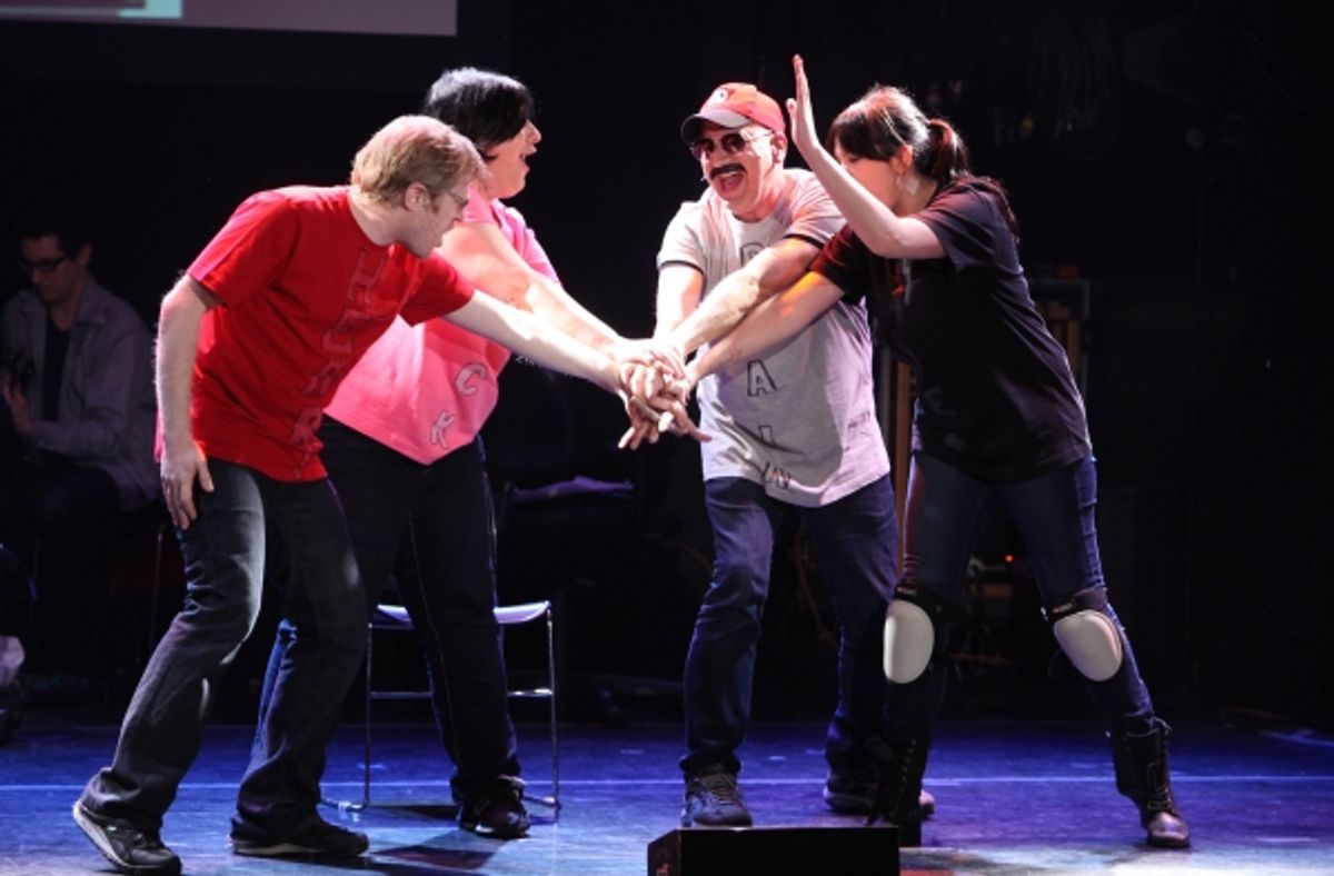 Anthony Rapp, Ashlie Atkinson, Julian Fleisher & Dee Roscioli Performing in 'The World Is Ending' at The 24 Hour Musicals after performance party at the Gramercy Theatre in New York City. at 