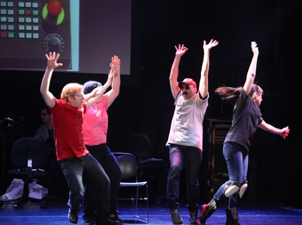Anthony Rapp, Ashlie Atkinson, Julian Fleisher & Dee Roscioli Performing in 'The World Is Ending' at The 24 Hour Musicals after performance party at the Gramercy Theatre in New York City. at 