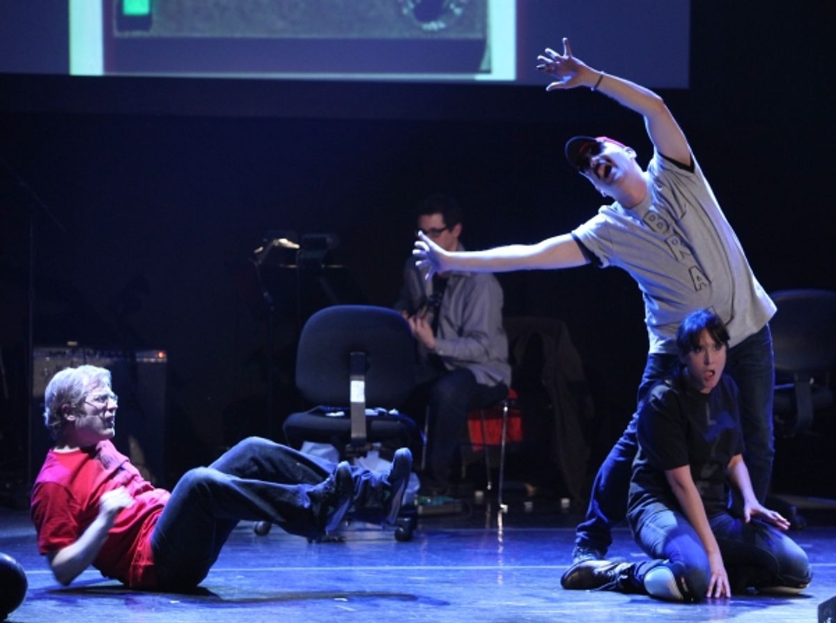 Anthony Rapp, Julian Fleisher & Dee Roscioli Performing in 'The World Is Ending' at The 24 Hour Musicals after performance party at the Gramercy Theatre in New York City. at 