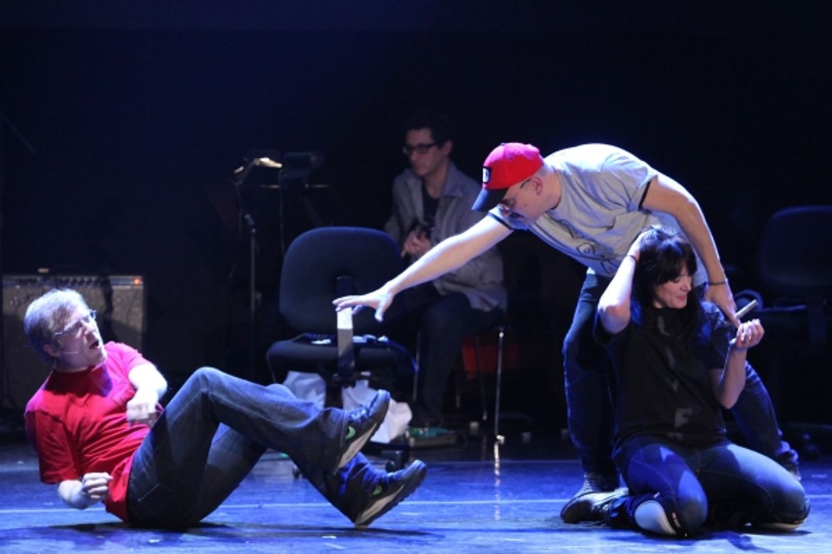 Anthony Rapp,  Julian Fleisher & Dee Roscioli Performing in 'The World Is Ending' at The 24 Hour Musicals after performance party at the Gramercy Theatre in New York City. at 