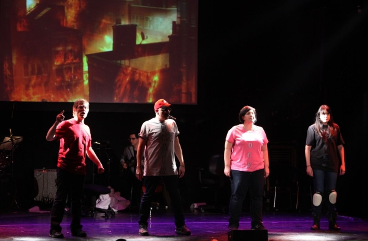 Anthony Rapp, Julian Fleisher, Ashlie Atkinson & Dee Roscioli Performing in 'The World Is Ending' at The 24 Hour Musicals after performance party at the Gramercy Theatre in New York City. at 