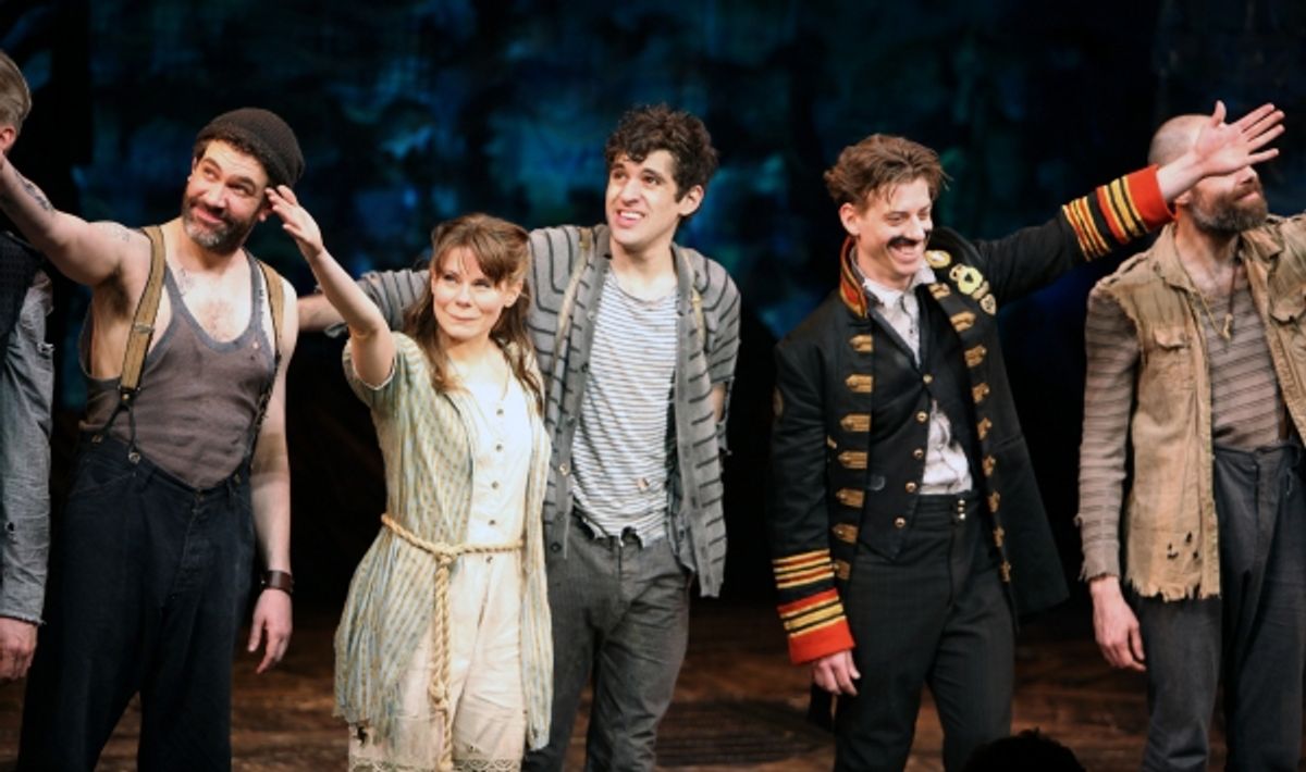 Kevin Del Aguila, Celia Keenan-Bolger, Adam Chandler-Berat, Christian Borle during the opening Night Curtain Call for 'Peter and the Starcatcher' at the New York Theatre Workshop in New York City. at 