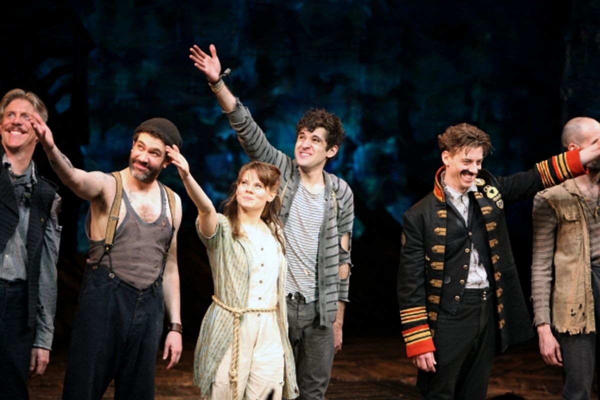Kevin Del Aguila, Celia Keenan-Bolger, Adam Chandler-Berat, Christian Borle during the opening Night Curtain Call for 'Peter and the Starcatcher' at the New York Theatre Workshop in New York City. at 