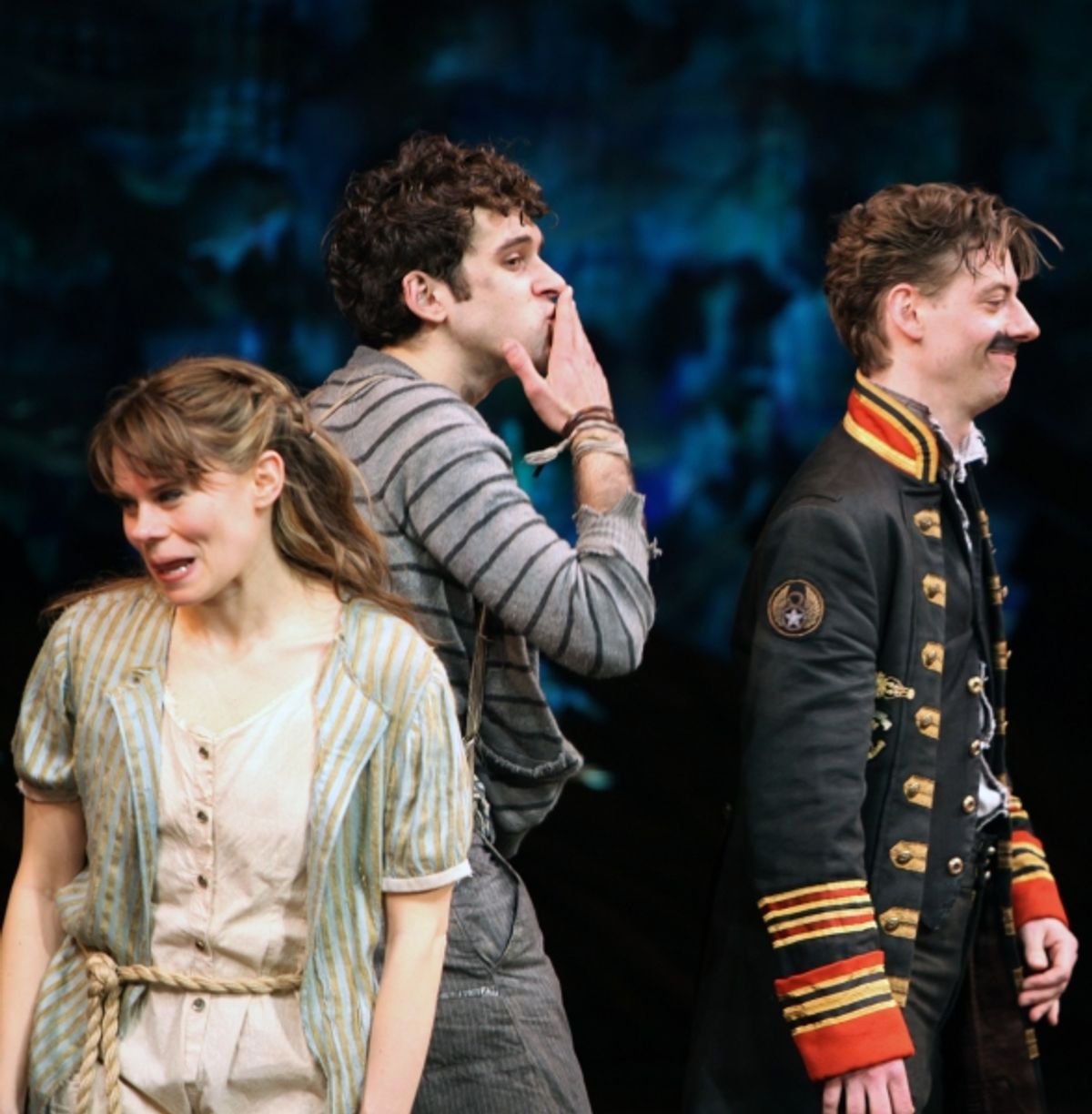 Celia Keenan-Bolger, Adam Chanler-Berat, Christian Borle during the opening Night Curtain Call for 'Peter and the Starcatcher' at the New York Theatre Workshop in New York City. at 
