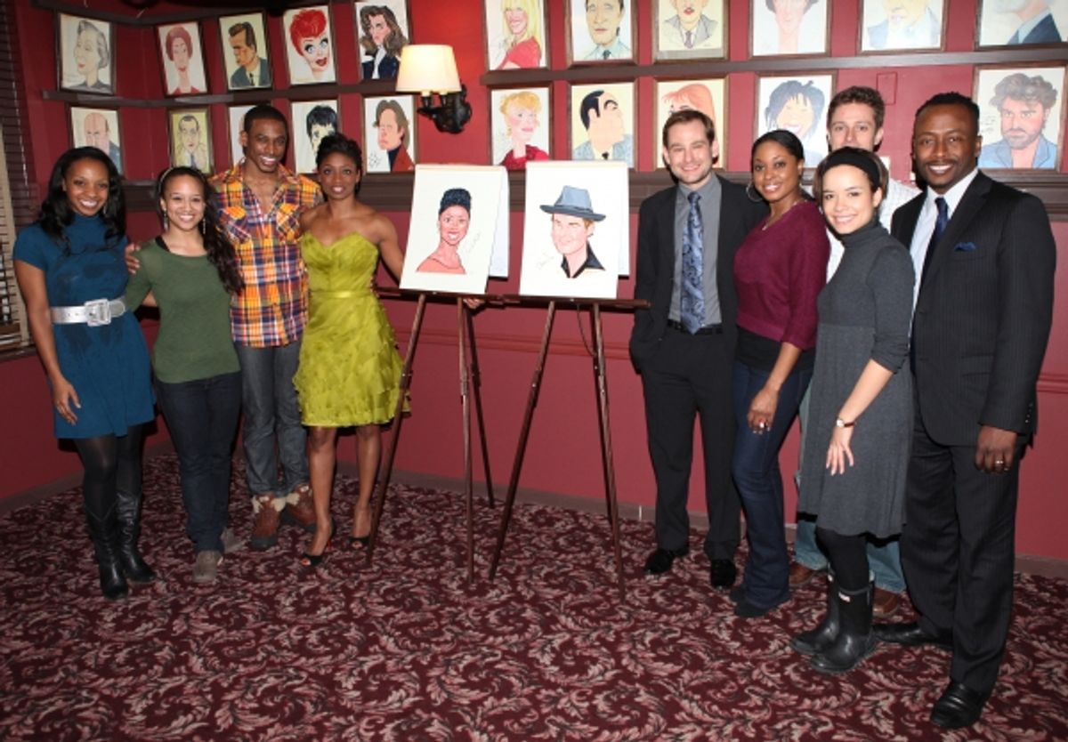 Broadway's 'Memphis' stars Montego Glover and Chad Kimball join the Sardi's Wall of Fame in New York City. pictured: with the ensemble cast at 