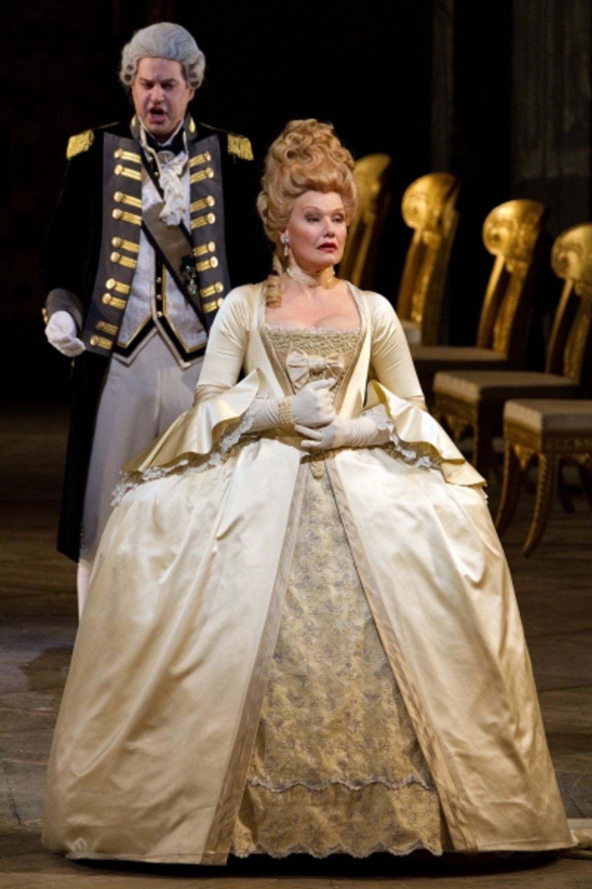 Peter Mattei as Yeletsky and Karita Mattila as Lisa in Tchaikovsky's 'The Queen of Spades.' Photo: Marty Sohl/Metropolitan Opera  Taken at the rehearsal on March 3, 2011 at the Metropolitan Opera in New York City. at 
