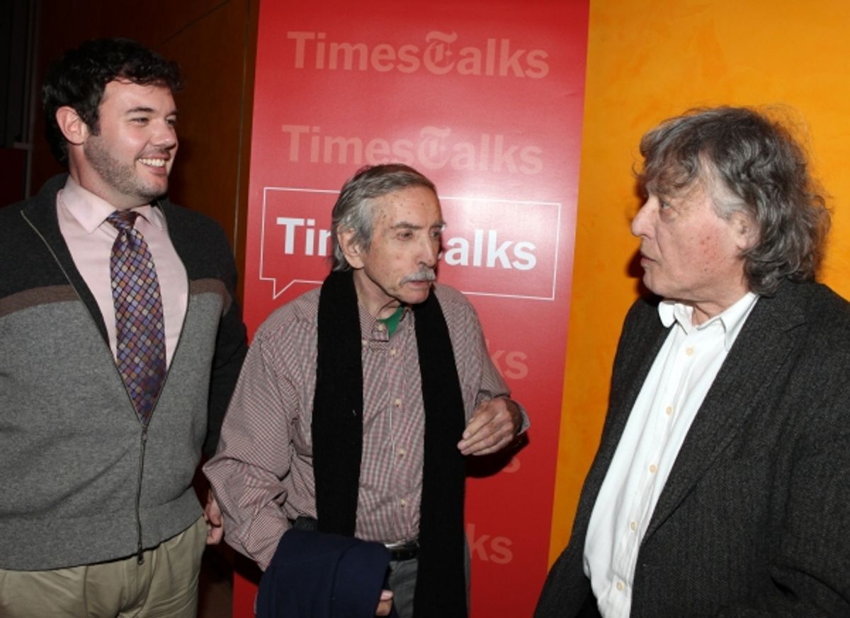 New York Times reporter Patrick Healy, Edward Albee & Tom Stoppard backstage at Times Talks: A Conversation with Tom Stoppard at the Times Center in New York City. at 