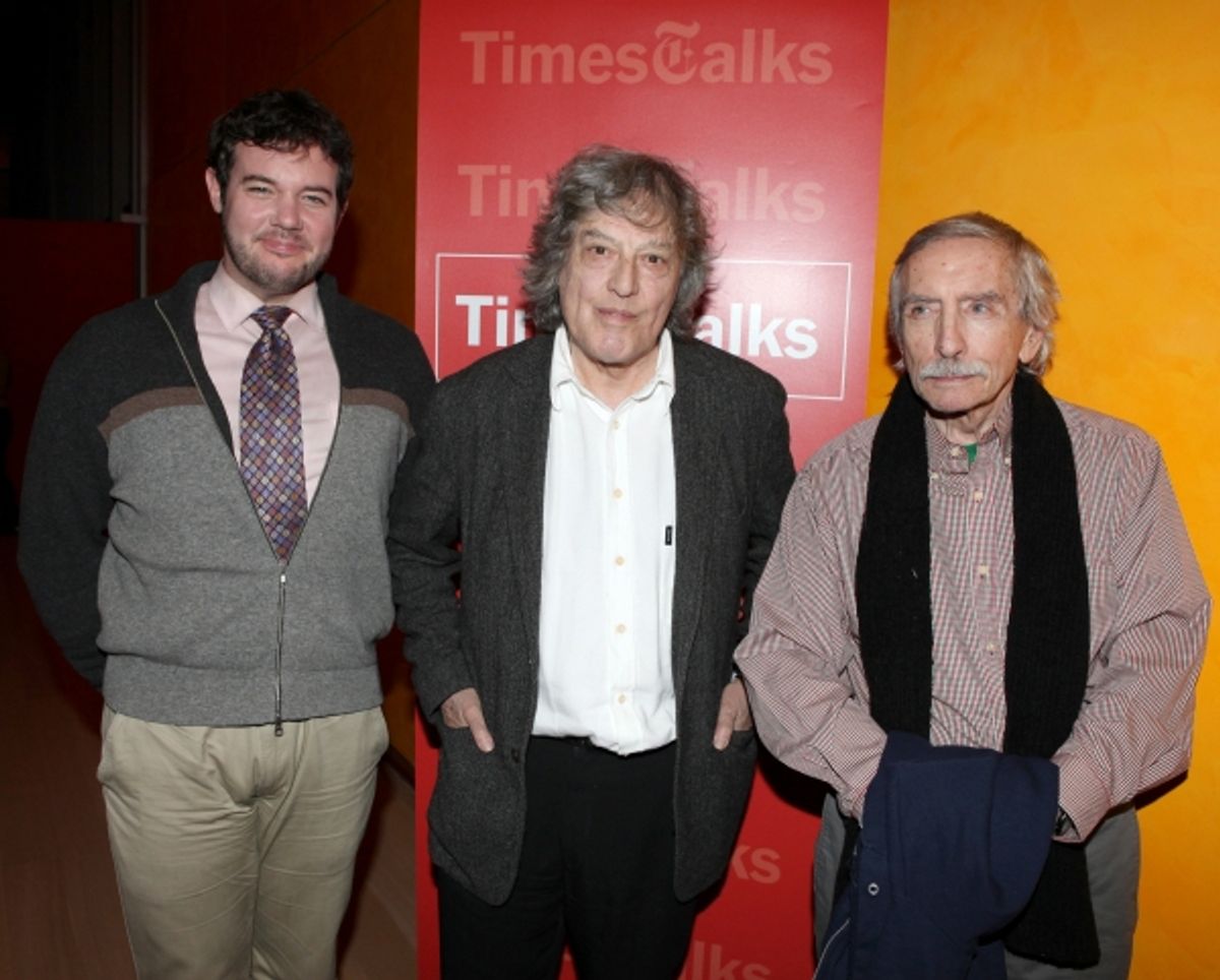 New York Times reporter Patrick Healy, Edward Albee & Tom Stoppard backstage at Times Talks: A Conversation with Tom Stoppard at the Times Center in New York City. at 