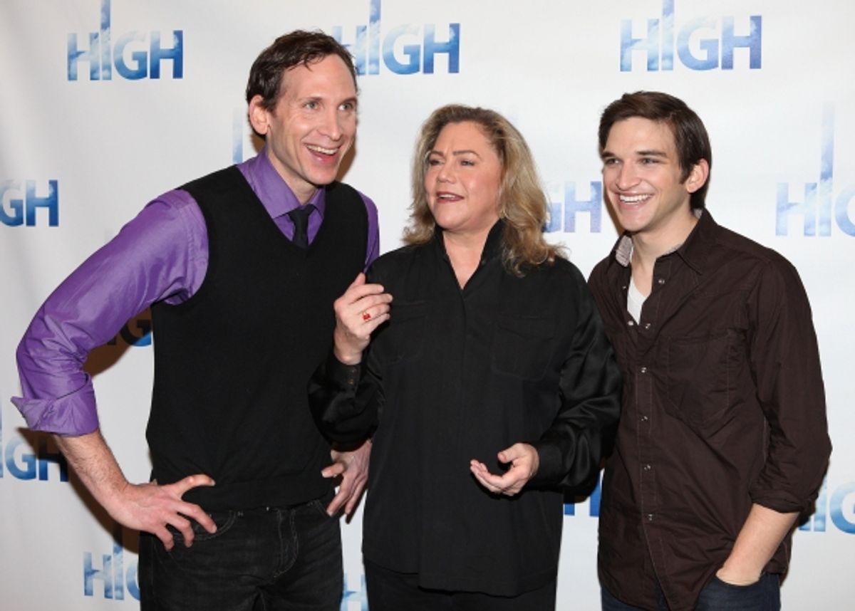 Stephen Kunken & Kathleen Turner & Evan Jonigkeit attend the Meet & Greet the cast of Broadway's 'High' at the Ripley Grier Rehearsal Studio in New York City. at 