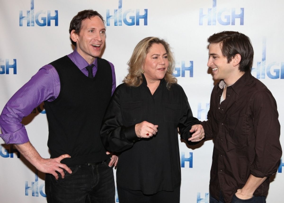 Stephen Kunken & Kathleen Turner & Evan Jonigkeit attend the Meet & Greet the cast of Broadway's 'High' at the Ripley Grier Rehearsal Studio in New York City. at 