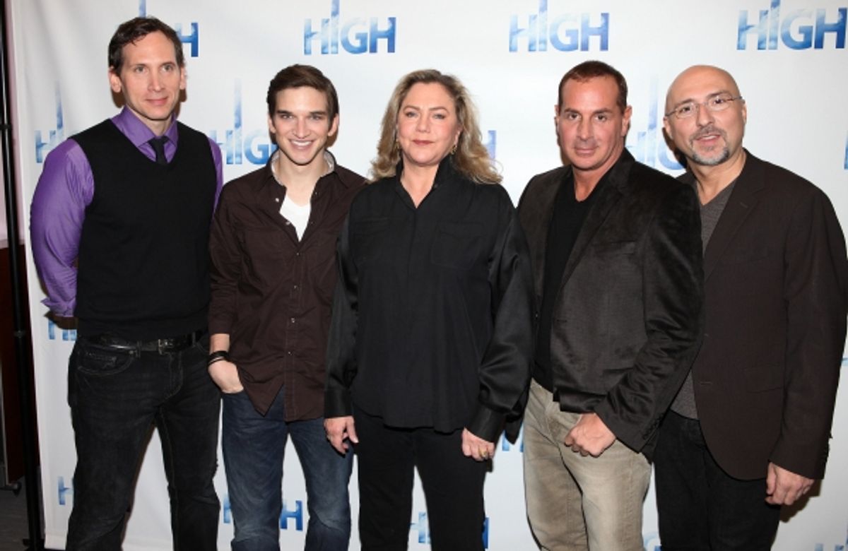 Stephen Kunken, Evan Jonigkeit, Kathleen Turner, playwright Matthew Lombardo & director Rob Ruggiero attend the Meet & Greet the cast of Broadway's 'High' at the Ripley Grier Rehearsal Studio in New York City. at 