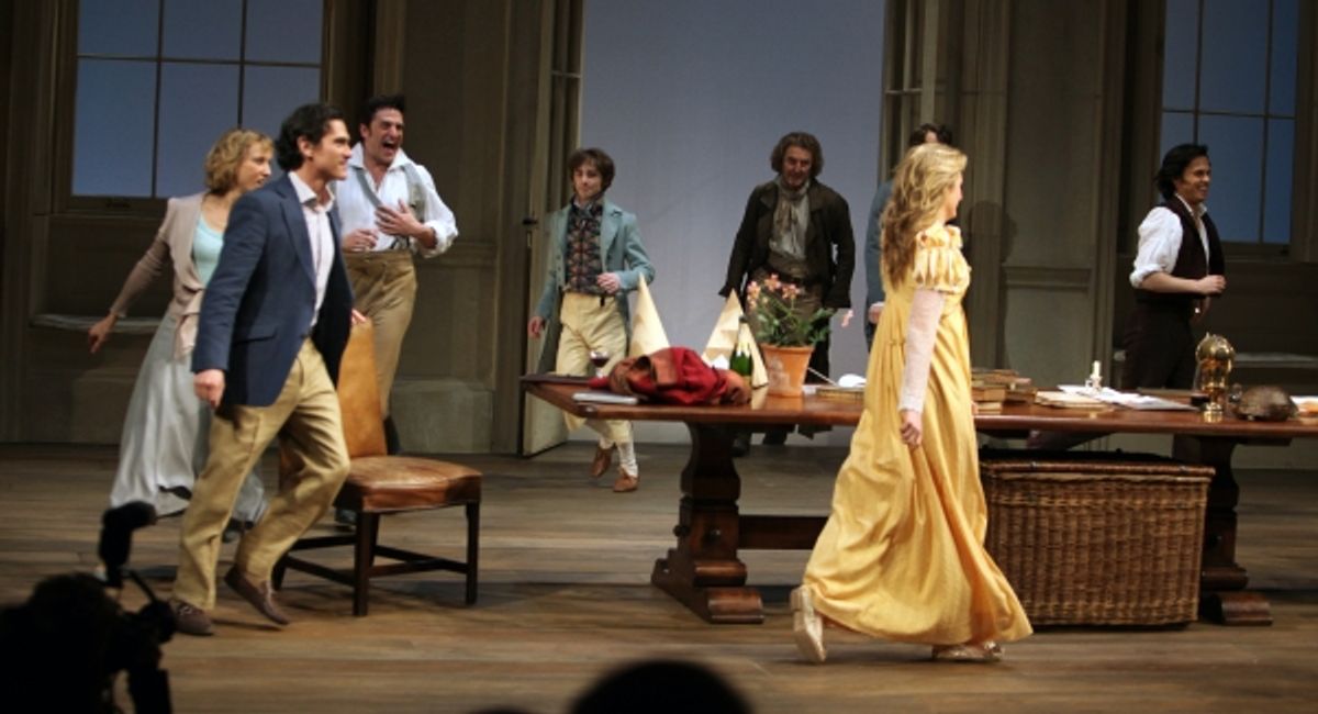 Margaret Colin & Bel Powley & Raul Esparza & Lia Williams & Billy Crudup & Tom Riley & Grace Gummer & David Turner & Byron Jennings & Edward James Hyland during the Broadway Opening Night Curtain Call for 'Arcadia' at the Barrymore Theatre in New York Cit at 