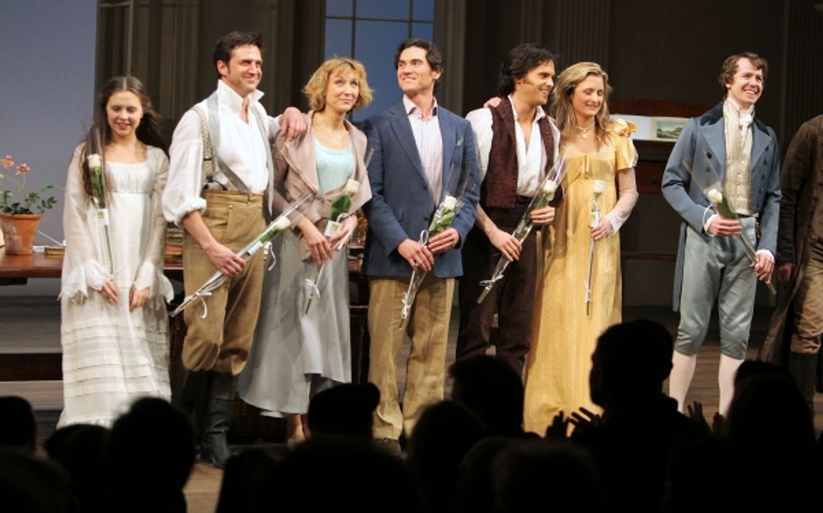Bel Powley & Raul Esparza & Lia Williams & Billy Crudup & Tom Riley & Grace Gummer & David Turner during the Broadway Opening Night Curtain Call for 'Arcadia' at the Barrymore Theatre in New York City. at 