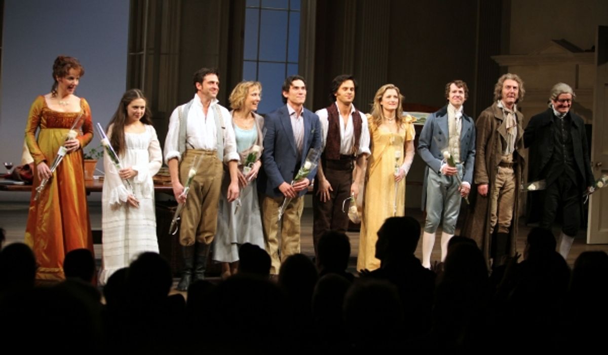 Margaret Colin & Bel Powley & Raul Esparza & Lia Williams & Billy Crudup & Tom Riley & Grace Gummer & David Turner & Byron Jennings & Edward James Hyland during the Broadway Opening Night Curtain Call for 'Arcadia' at the Barrymore Theatre in New York Cit at 