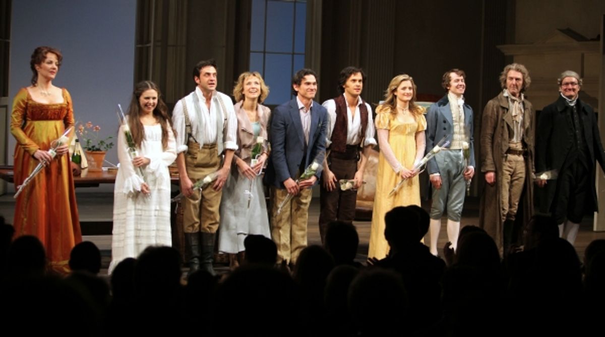 Margaret Colin & Bel Powley & Raul Esparza & Lia Williams & Billy Crudup & Tom Riley & Grace Gummer & David Turner & Byron Jennings & Edward James Hyland during the Broadway Opening Night Curtain Call for 'Arcadia' at the Barrymore Theatre in New York Cit at 