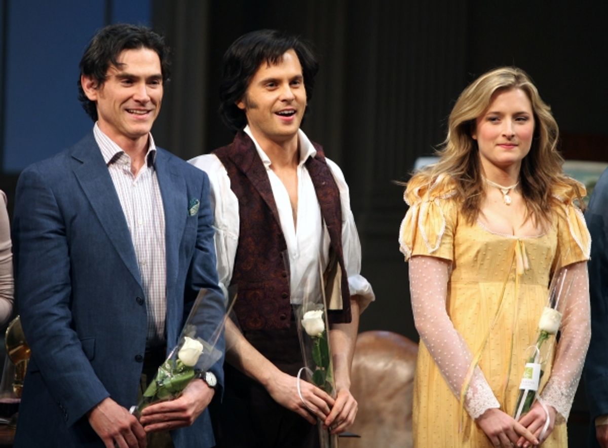 Billy Crudup & Tom Riley & Grace Gummer during the Broadway Opening Night Curtain Call for 'Arcadia' at the Barrymore Theatre in New York City. at 