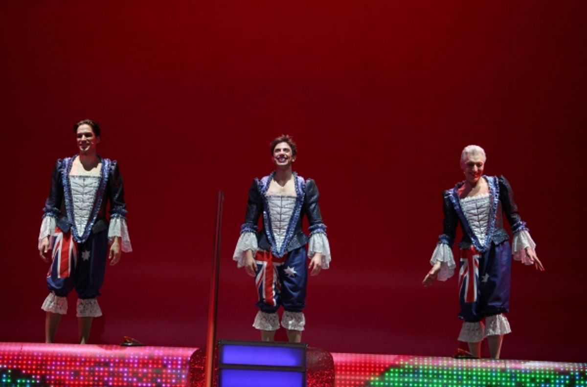 Will Swenson, Nick Adams, Tony Sheldon during the Opening Night Performance Curtain Call for  'Priscilla Queen Of The Desert'  at the Palace Theatre in New York City. at 