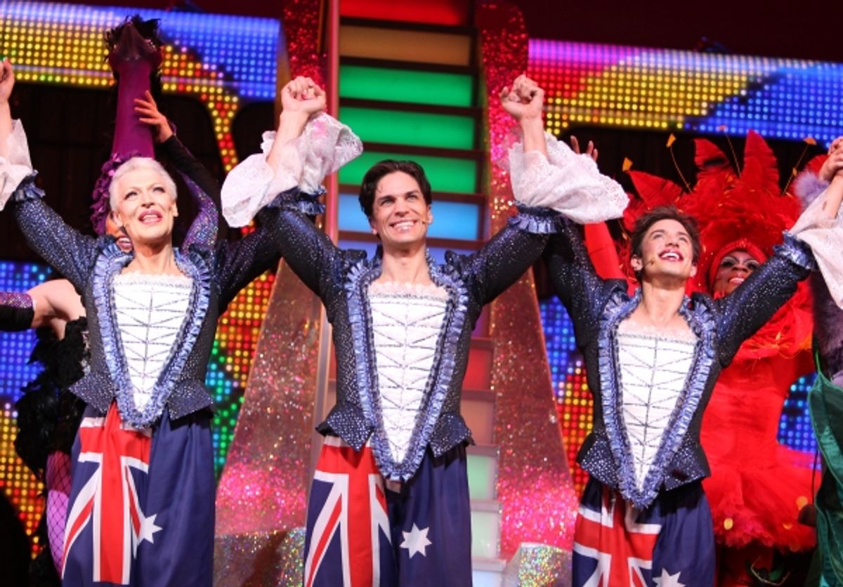 Tony Sheldon, Will Swenson, Nick Adams during the Opening Night Performance Curtain Call for  'Priscilla Queen Of The Desert'  at the Palace Theatre in New York City. at 
