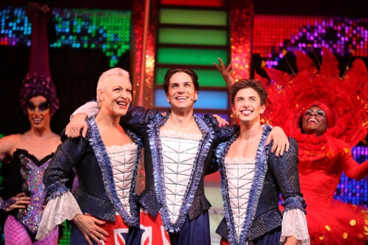 Tony Sheldon, Will Swenson & Nick Adams during the Opening Night Performance Curtain Call for  'Priscilla Queen Of The Desert'  at the Palace Theatre in New York City. at 