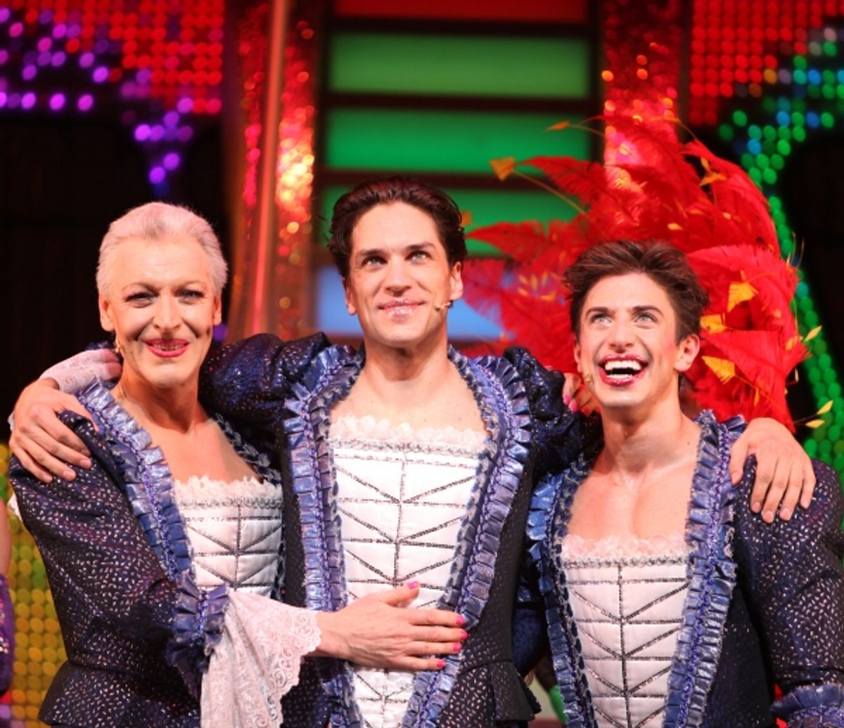 Tony Sheldon, Will Swenson & Nick Adams during the Opening Night Performance Curtain Call for  'Priscilla Queen Of The Desert'  at the Palace Theatre in New York City. at 