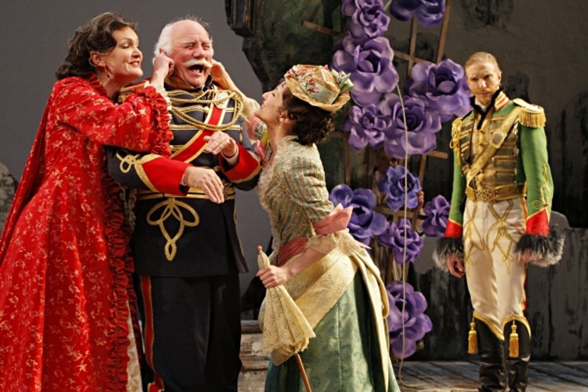  Kate Eifrig (Catherine Petkoff), Peter Michael Goetz (Major Paul Petkoff), Mariko Nakasone (Raina Petkoff) and Michael Schantz (Major Sergius Saranoff) in the Guthrie Theater production of ARMS AND THE MAN by George Bernard Shaw. Directed by Ethan McSwee at 