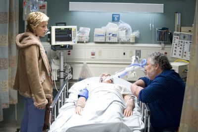 Edie Falco and Harvey Fierstein are pictured during the production of episode 208 of  Photo