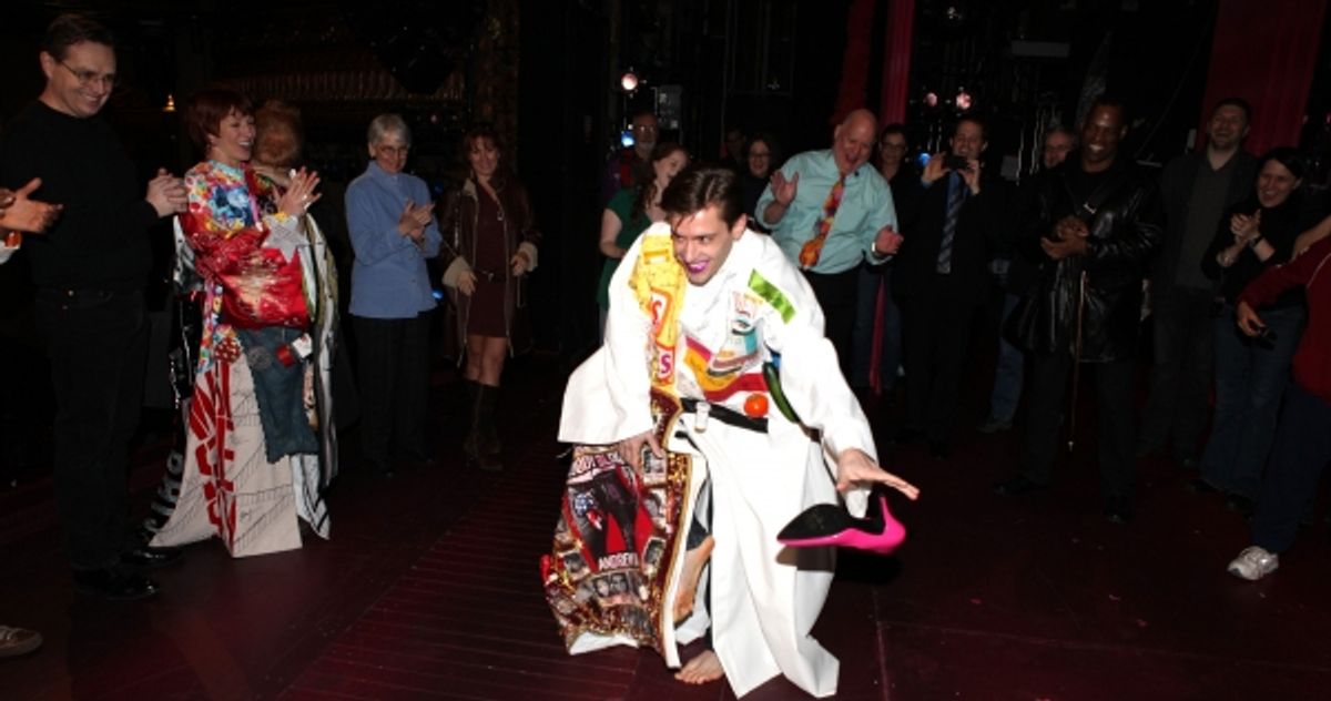 Eric Sciotto (Gypsy Robe Recipient for PRISCILLA)  flinging his pink pumps- attending the Broadway Opening Night Gypsy Robe Ceremony for 'Priscilla Queen of the Desert - The Musical' at the Palace Theatre in New York City. at 