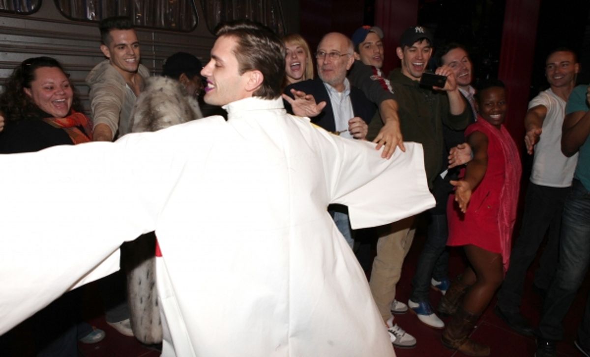 Eric Sciotto (Gypsy Robe Recipient for PRISCILLA)  with the ensemble cast attending the Broadway Opening Night Gypsy Robe Ceremony for 'Priscilla Queen of the Desert - The Musical' at the Palace Theatre in New York City. at 