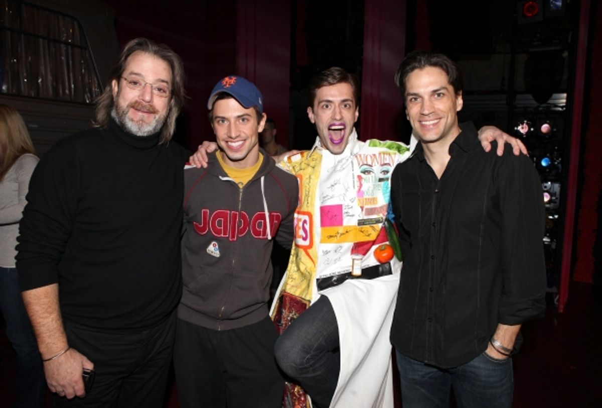 Eric Sciotto (Gypsy Robe Recipient for PRISCILLA)  with C. David Johnson, Nick Adams & Will Swenson attending the Broadway Opening Night Gypsy Robe Ceremony for 'Priscilla Queen of the Desert - The Musical' at the Palace Theatre in New York City. at 