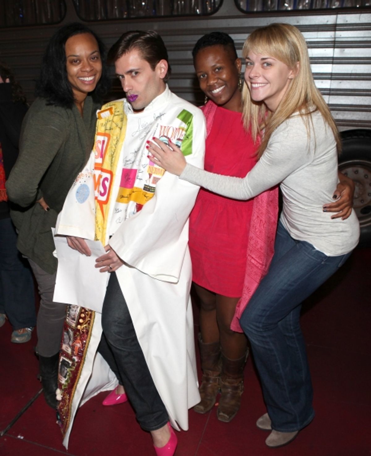Eric Sciotto (Gypsy Robe Recipient for PRISCILLA)  with the DIVAS: Jacqueline B. Arnold, Anastacia McCleskey & Ashley Spencer attending the Broadway Opening Night Gypsy Robe Ceremony for 'Priscilla Queen of the Desert - The Musical' at the Palace Theatre  at 