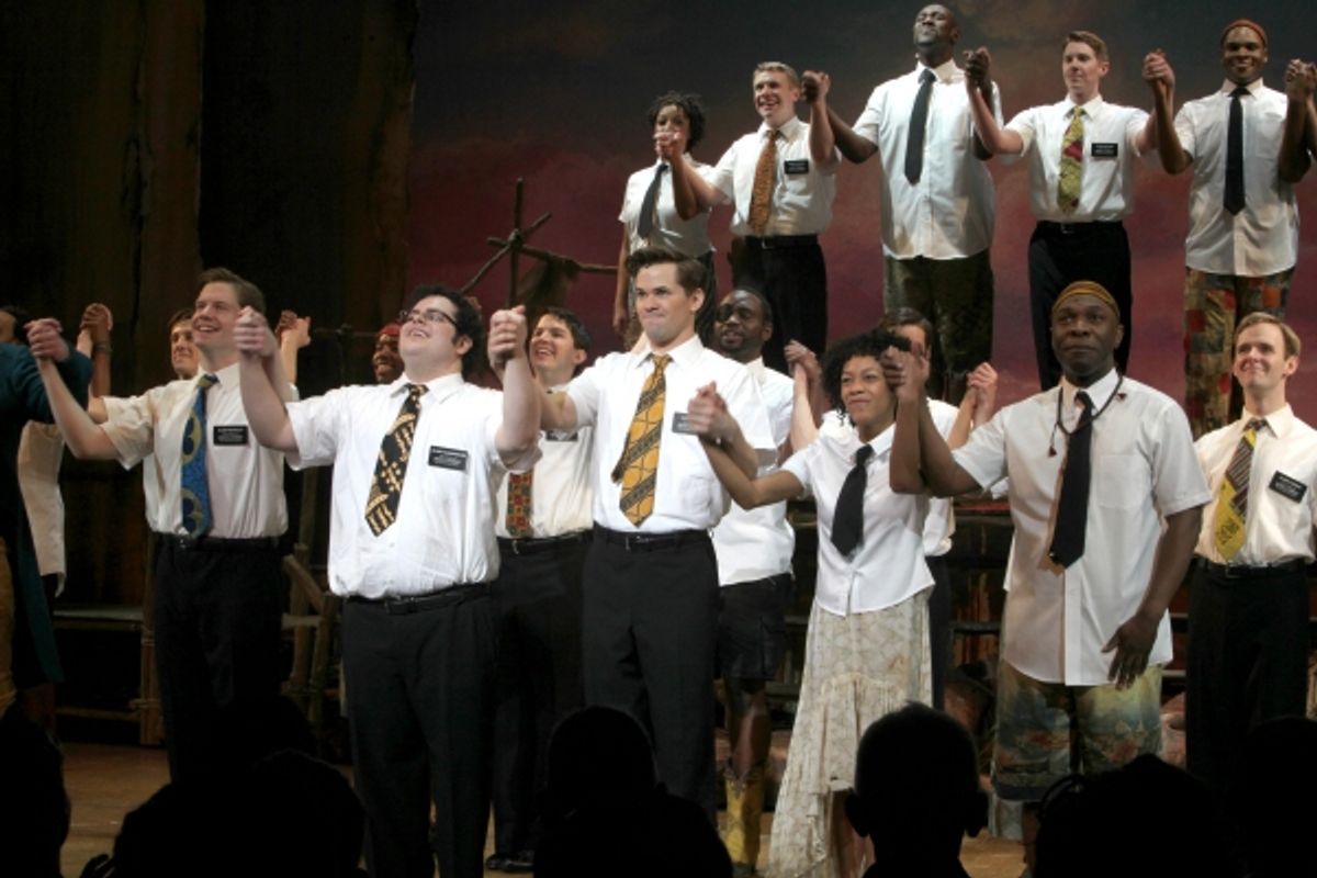 Ensemble cast featuring: Rory O'Malley, Josh Gad, Andrew Rannells, Nikki M. James & Michael Potts during the Broadway Opening Night Curtain Call for 'The Book Of Morman' at the Eugene O'Neill Theatre in New York City. at 