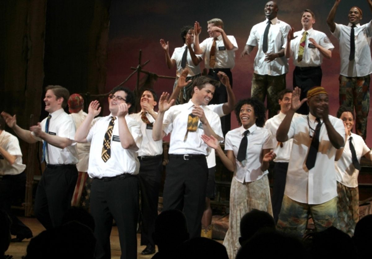Ensemble cast featuring: Rory O'Malley, Josh Gad, Andrew Rannells, Nikki M. James & Michael Potts during the Broadway Opening Night Curtain Call for 'The Book Of Morman' at the Eugene O'Neill Theatre in New York City. at 