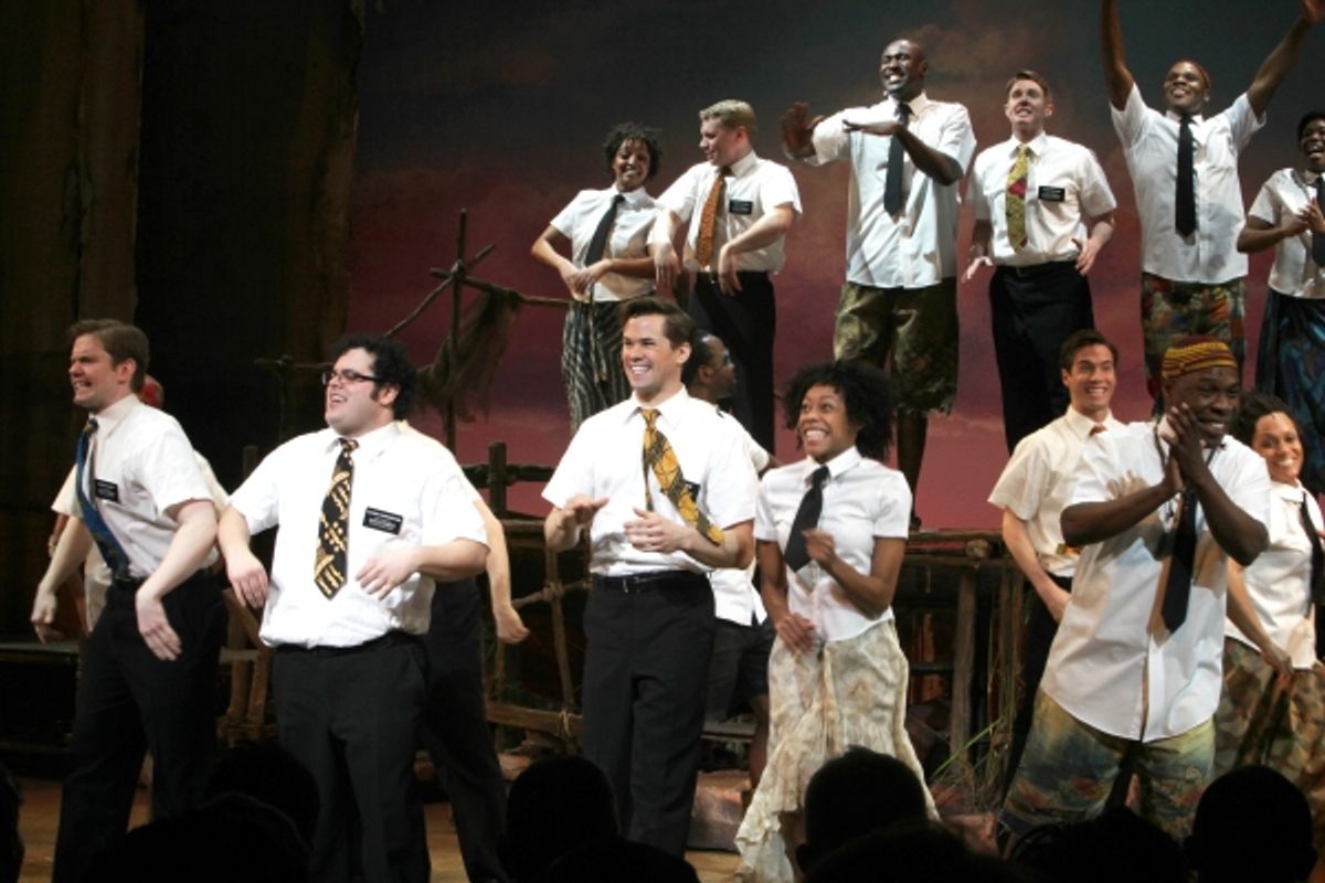 Ensemble cast featuring: Rory O'Malley, Josh Gad, Andrew Rannells, Nikki M. James & Michael Potts during the Broadway Opening Night Curtain Call for 'The Book Of Morman' at the Eugene O'Neill Theatre in New York City. at 