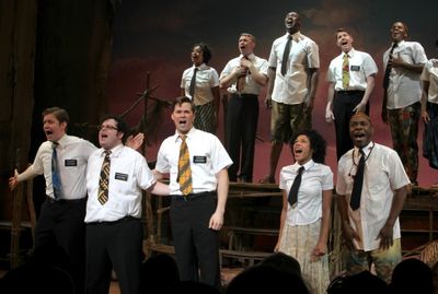 Ensemble featuring: Rory O'Malley, Josh Gad, Andrew Rannells, Nikki M. James & Michae Photo