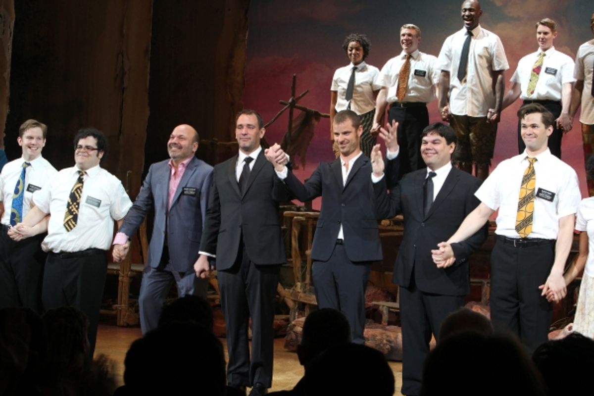 Ensemble cast with Casey Nicholaw, Trey Parker, Matt Stone & Robert Lopez during the Broadway Opening Night Curtain Call for 'The Book Of Morman' at the Eugene O'Neill Theatre in New York City. at 