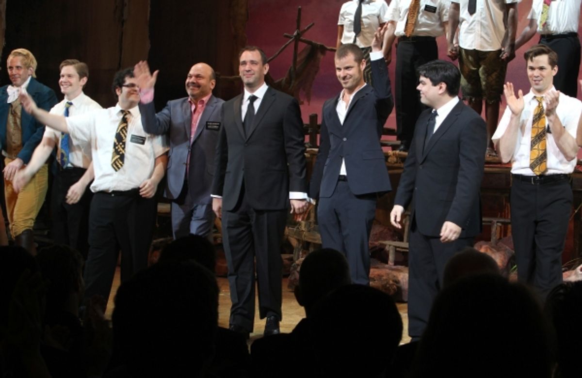 Ensemble cast with Casey Nicholaw, Trey Parker, Matt Stone & Robert Lopez during the Broadway Opening Night Curtain Call for 'The Book Of Morman' at the Eugene O'Neill Theatre in New York City. at 