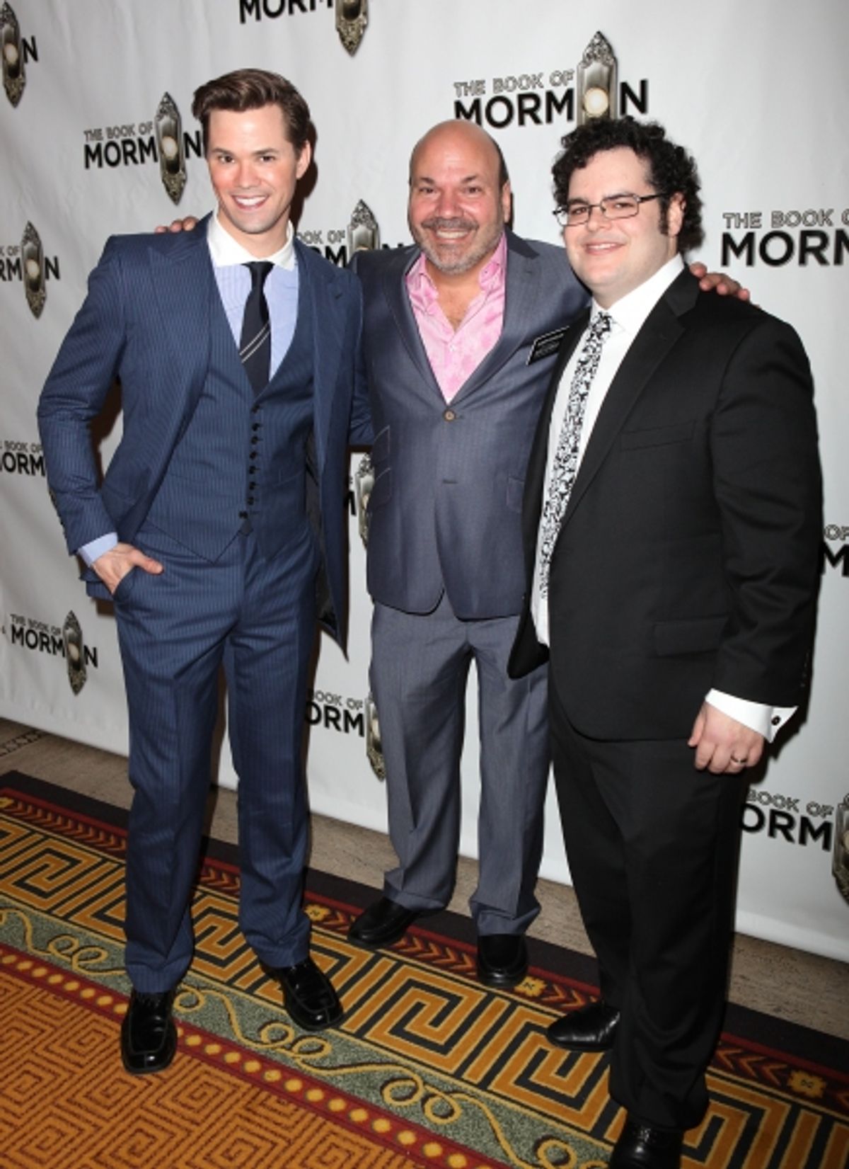 Andrew Rannells, Casey Nicholaw and actor Josh Gad  attending the Broadway Opening Night After Party for 'The Book Of Mormon' at Gotham Hall in New York City. at 