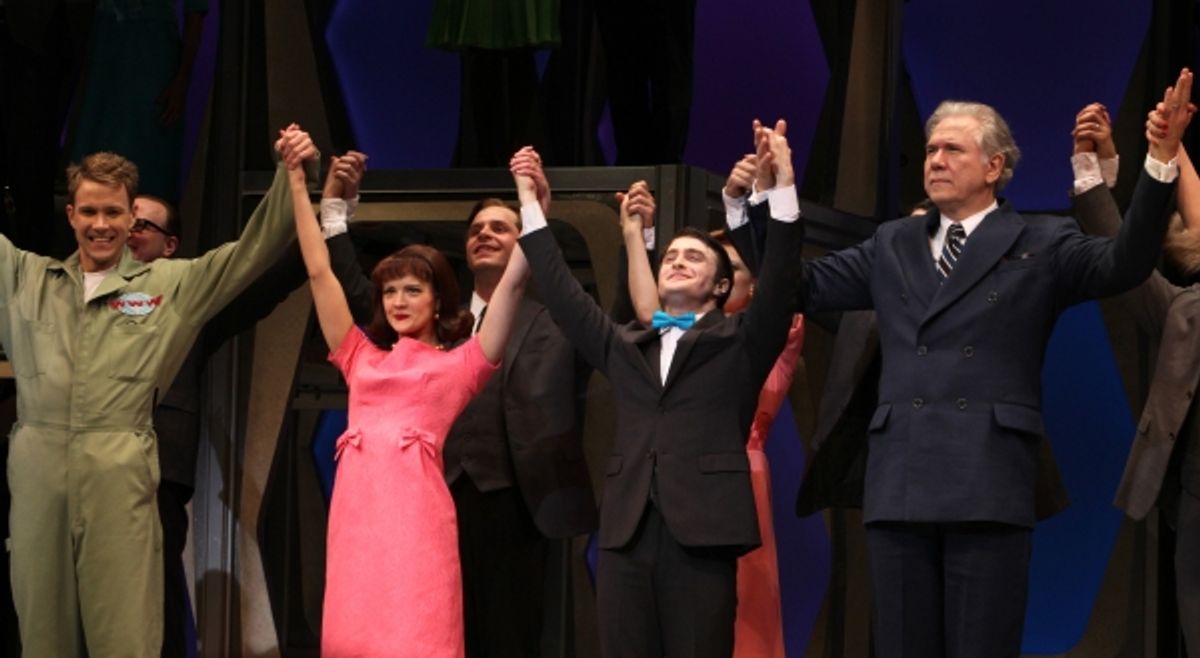 Christopher J. Hanke, Rose Hemingway, Daniel Radcliffe, John Larroquette  during the Opening Night Performance Curtain Call for  'How To Succeed In Business...' in New York City. at 