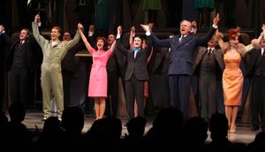 Michael Park, Christopher J. Hanke, Rose Hemingway, Daniel Radcliffe, John Larroquette & Tammy Blanchard during the Opening Night Performance Curtain Call for 'How To Succeed In Business...' in New York City. @ BroadwayWorld Michael Park, Christopher J. Hanke, Rose Hemingway, Daniel Radcliffe, John Larroquett Photo