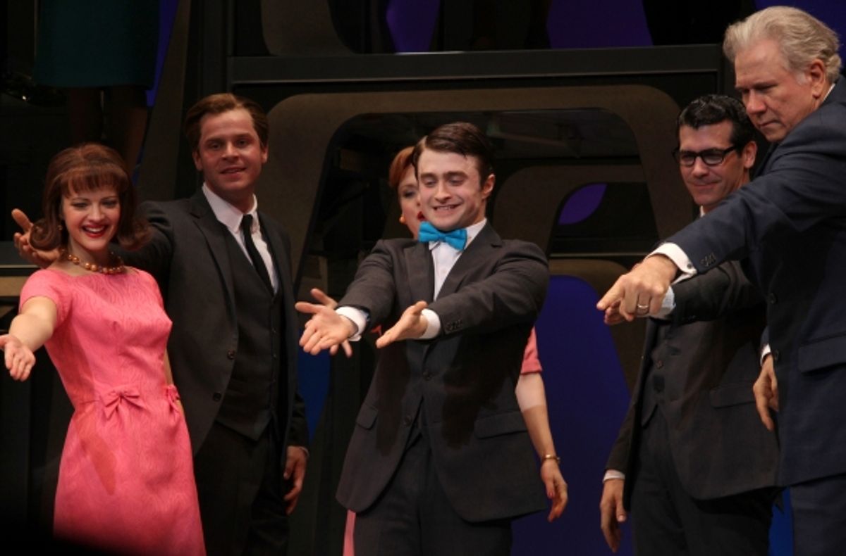 Rose Hemingway, Daniel Radcliffe, John Larroquette & ensemble cast during the Opening Night Performance Curtain Call for  'How To Succeed In Business...' in New York City. at 