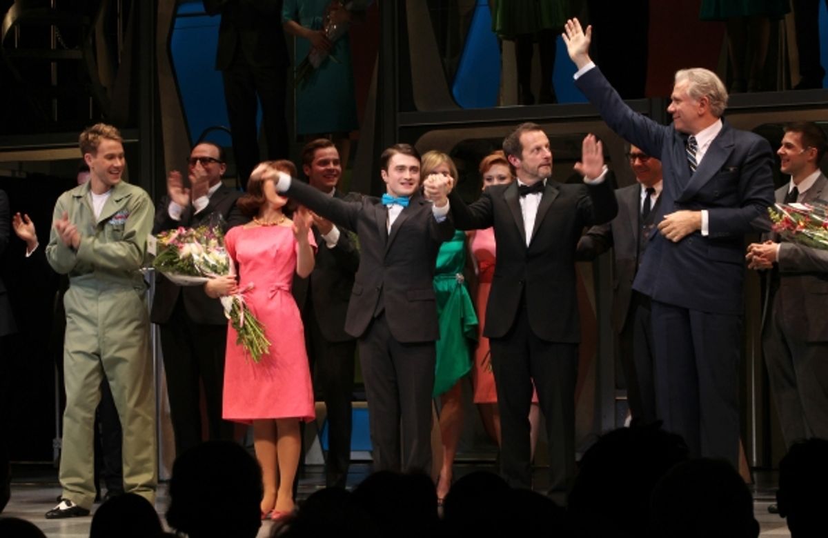 Christopher J. Hanke, Rose Hemingway, Daniel Radcliffe, director Rob Ashford & John Larroquette during the Opening Night Performance Curtain Call for  'How To Succeed In Business...' in New York City. at 