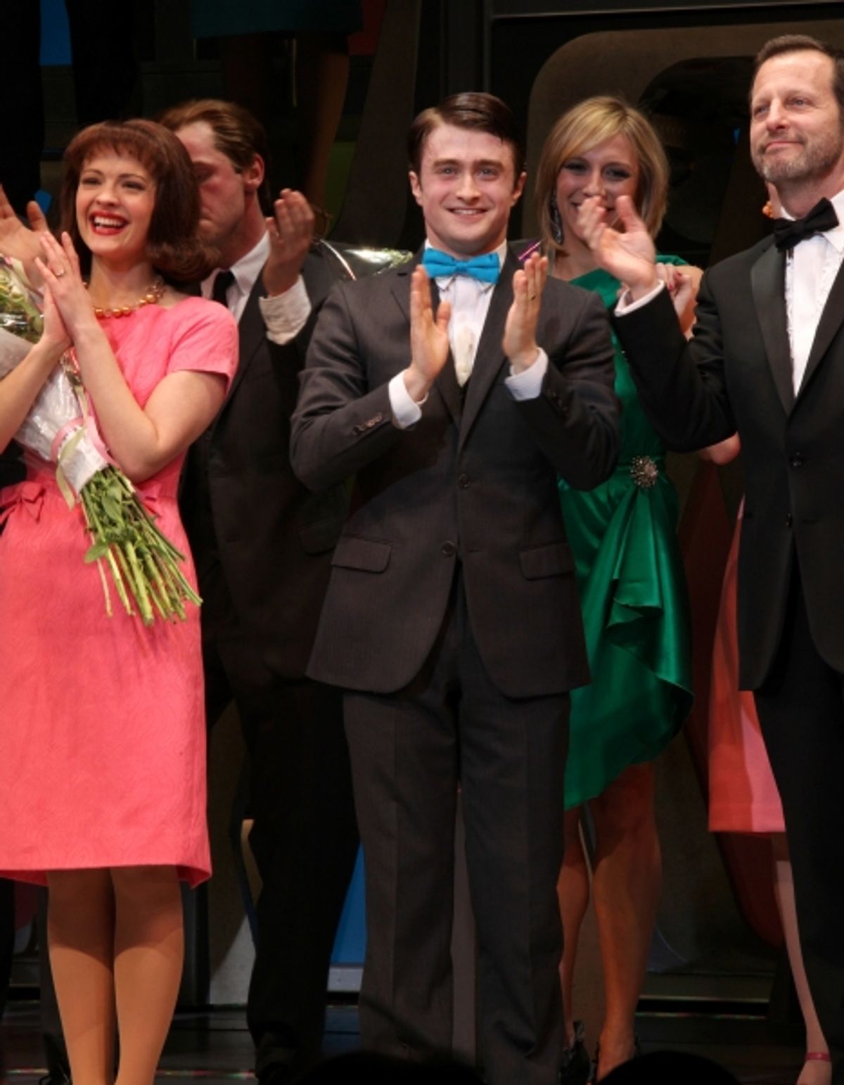 Rose Hemingway & Daniel Radcliffe & director Rob Ashford during the Opening Night Performance Curtain Call for  'How To Succeed In Business...' in New York City. at 