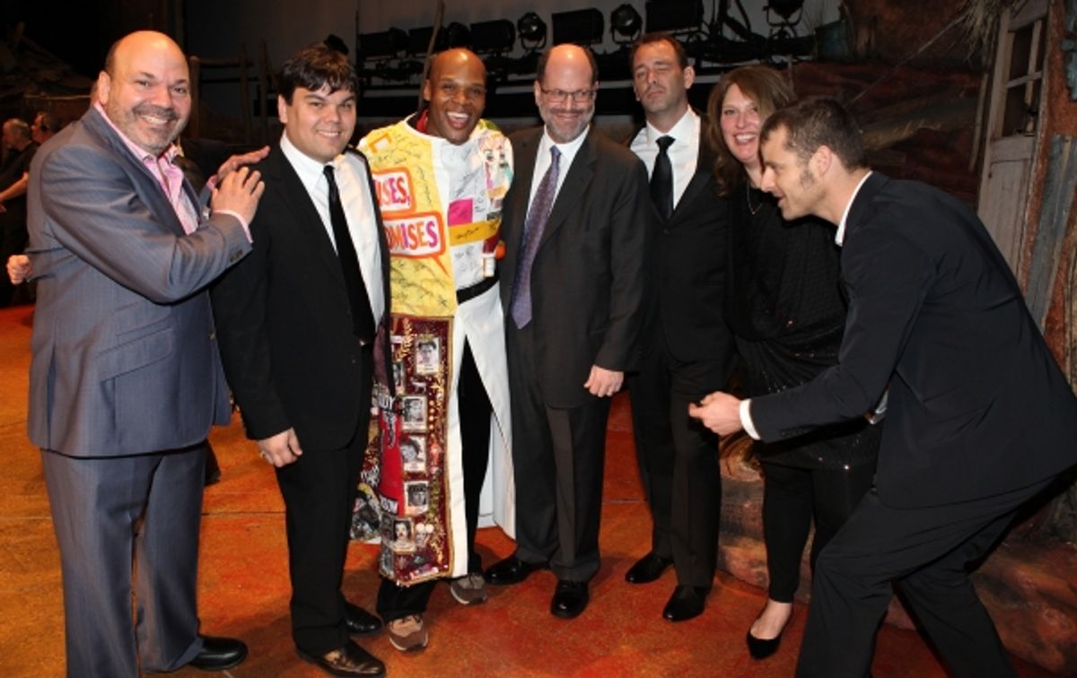 Michael James Scott (Recipient) with Casey Nicholaw, Robert Lopez, Scott Rudin, Trey Parker & Matt Stone attending the Broadway Opening Night Gypsy Robe for 'The Book Of Mormon' and the Gypsy Robe recipient Michael James Scott at The Eugene O'Neill Theatr at 