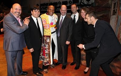Michael James Scott (Recipient) with Casey Nicholaw, Robert Lopez, Scott Rudin, Trey  Photo
