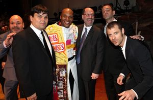 Michael James Scott (Recipient) with Casey Nicholaw, Robert Lopez, Scott Rudin, Trey  Photo