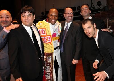 Michael James Scott (Recipient) with Casey Nicholaw, Robert Lopez, Scott Rudin, Trey  Photo