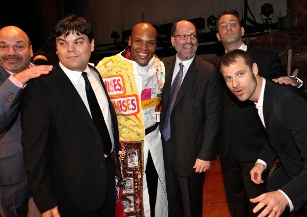 Michael James Scott (Recipient) with Casey Nicholaw, Robert Lopez, Scott Rudin, Trey  Photo