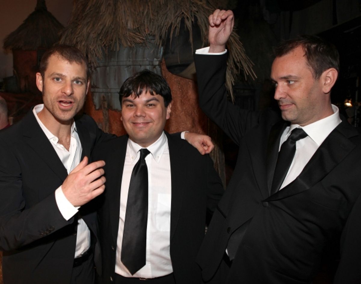 Matt Stone, Robert Lopez & Trey Parker attending the Broadway Opening Night Gypsy Robe for 'The Book Of Mormon' and the Gypsy Robe recipient Michael James Scott at The Eugene O'Neill Theatre in New York City. at 